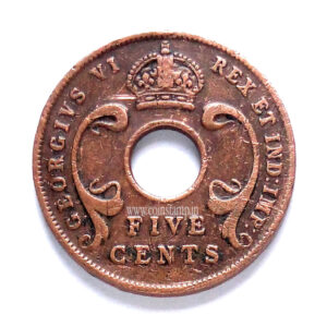 East Africa 5 Cents George VI Hole Coin Used